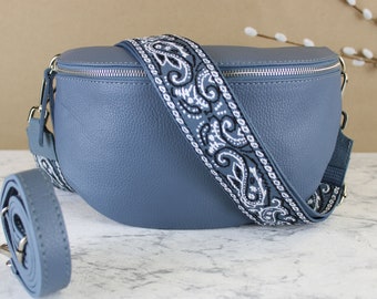 Jeans Blau Bauchtasche für Damen mit Ledergurt und gemustertem Riemen Gürteltasche Crossbodybag Umhängetasche sie Geschenk L Größe silber