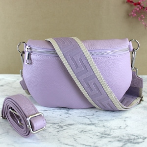 Light Purple Crossbody Bag For Women With Leather Belt And Patterned Strap, Waist Bag, Shoulder Bag, Present Gift For Her, M Size, Silver