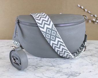 Light Grey Leather Waist Bag for Women with Patterned Strap and Leather Belt, Crossbody Bag Shoulder Bag Present Gift for her, Size L Silver