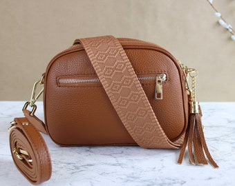 Cognac leren crossbody tas voor vrouwen met leren riem en patroongordel, Italiaanse make-up taille schoudertas cadeau presentatie, goud