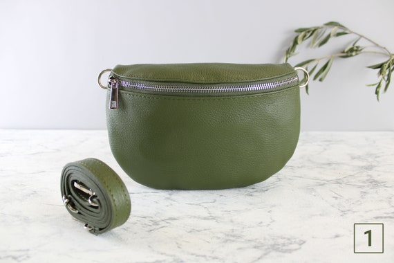 ショルダーバッグ・ポシェット [HAZZYS] Handmade H Leather Patch Ratan Shoulder Bag Khaki Khaki Green Waist Bag for Women With Leather Belt and