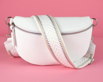 Weiss Bauchtasche für Frauen mit Ledergurt und gemustertem Riemen, Gürteltasche Crossbodybag Umhängetasche für sie Geschenk L Größe silber