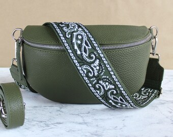 Khaki Green Crossbody Bag For Women in S, M, L Size with Interchangeable Strap, Leather Bumbag Waist Bag Silver Strap, Sangle Sac, Gift Her