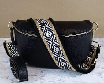 Zwarte Leren Italiaanse Heuptas voor Vrouwen met Gouden Verstelbare Riem, Bumbag, Heuptas met Crossbody-band, Cadeau, Maten S, M, L