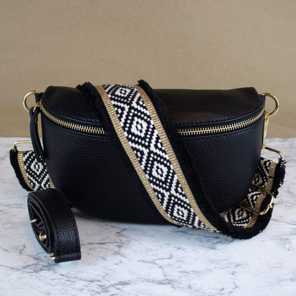 Zwarte Leren Italiaanse Heuptas voor Vrouwen met Gouden Verstelbare Riem, Bumbag, Heuptas met Crossbody-band, Cadeau, Maten S, M, L