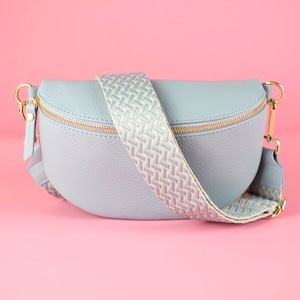 Baby Blue Leather Waist Bag For Women With Patterned Strap And Leather Belt, Crossbody Bag Shoulder Bag Gift For Her, Gold