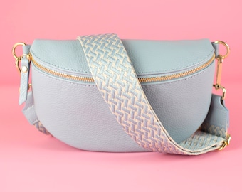 Baby Blue Leather Waist Bag For Women With Patterned Strap And Leather Belt, Crossbody Bag Shoulder Bag Gift For Her, Gold