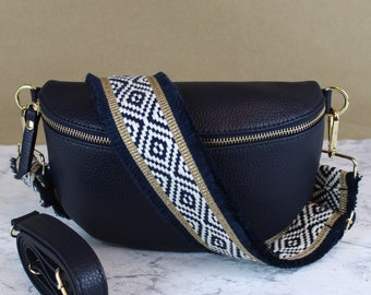 Dark Blue Leather Crossbody Italien Bag for Women with Leather Belt and Patterned Strap, Waist Shoulder Bag Gift for her, Gold, S,M,L Size