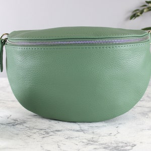 Minz Grün Bauchtasche für Frauen mit Ledergurt und gemustertem Riemen, Gürteltasche Crossbodybag Umhängetasche sie Geschenk L Größe silber No : 1