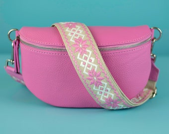 Pink Waist Bag for Women with Leather Belt and Patterned Strap, Crossbody Bag Shoulder Bag for her, Present Gift, Silver