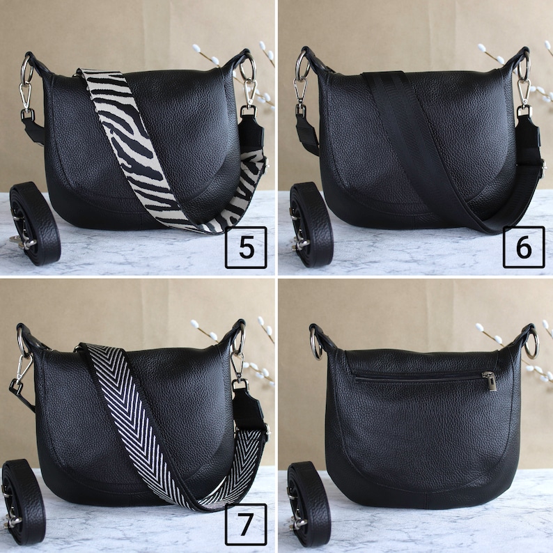 Schwarze Leder-Crossbody-Tasche für Frauen mit Ledergürtel und gemusterter Träger Italienische Taille Schultertasche Geschenk Bild 3