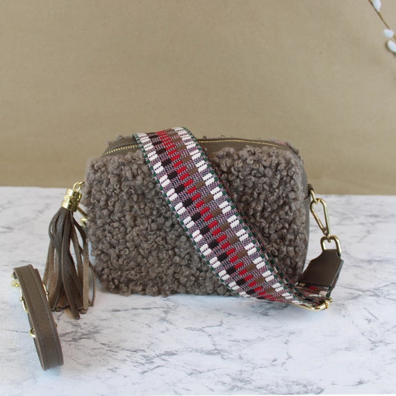 Teddy-Pelz-Gürteltasche für Frauen mit Lederriemen, gemusterter