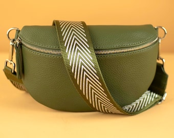 Khaki Green Crossbody Bag For Women in S, M, L Size with Interchangeable Strap, Leather Bumbag Waist Bag Silver Strap, Sangle Sac, Silver