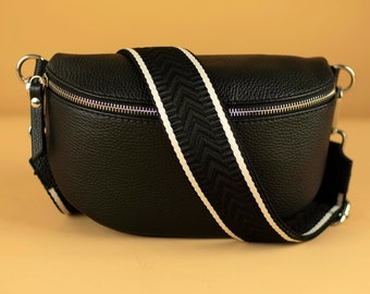 Italian Leather Crossbody Bag: Black Belt Bag with Patterned Strap