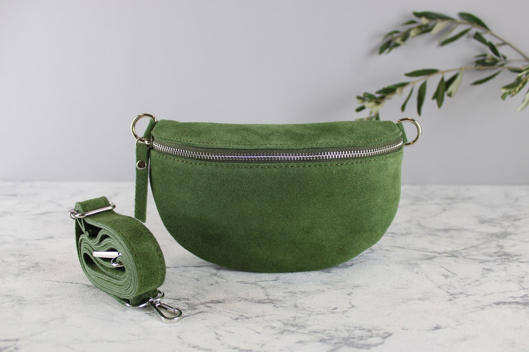 Green Khaki Suede Waist Bag for Women, Crossbody Belt Bag, Shoulder Bag