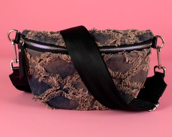 Jeans Denim Design Waist Bag For Women With Leather Strap And Patterned Strap, Crossbody Bag Shoulder Bag Gift Present For Her, Silver