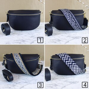 Dunkel Blau Leder Italienische Bauchtasche für Frauen mit Ledergurt gemustertem Riemen, Crossbodybag Umhängetasche Geschenk Gold S,M,L Bild 2