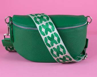 Groene crossbodytas voor dames met leren riem en riem met patroon, heuptas, zomerschoudertas, cadeau S-maat, zilver