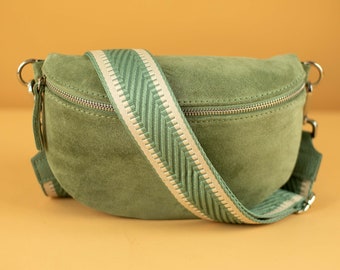 Mint Suede Leather Bag for Women with Extra Patterned Straps, Fanny Pack Women Crossbody with Different Sizes, Silver Hardware Gift for Her