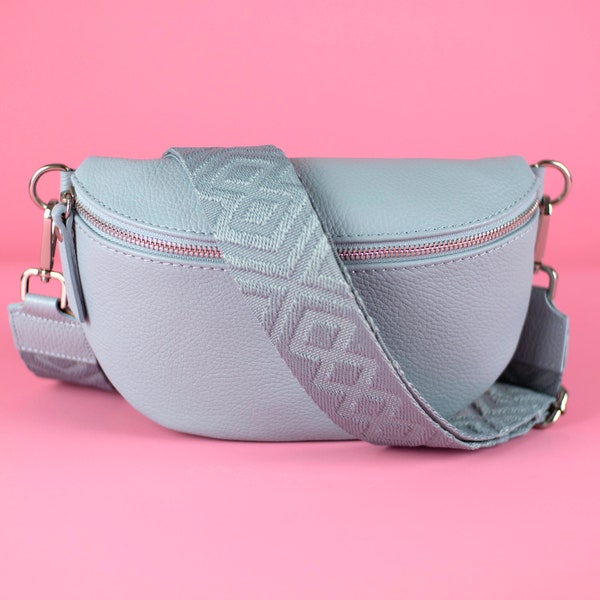 Himmel Blau Bauchtasche für Frauen mit Ledergurt und gemustertem Riemen Gürteltasche Crossbodybag Sommer Umhänge Geschenk M Silber Hell