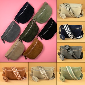 Sac en cuir suédé pour femme avec bretelles à motifs supplémentaires, sac banane pour femme en différentes tailles et couleurs, finitions argentées, cadeau