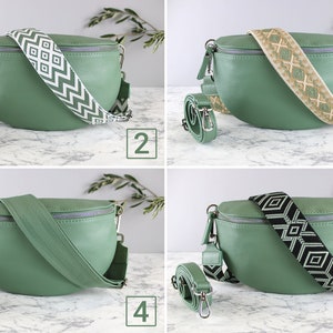 Minz Grün Bauchtasche für Frauen mit Ledergurt und gemustertem Riemen, Gürteltasche Crossbodybag Umhängetasche sie Geschenk L Größe silber Bild 3