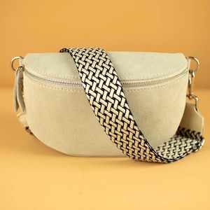 Beige Suede Leather Bag for Women with Extra Patterned Straps, Fanny Pack Women Crossbody with Different Sizes, Silver Hardware Gift for Her