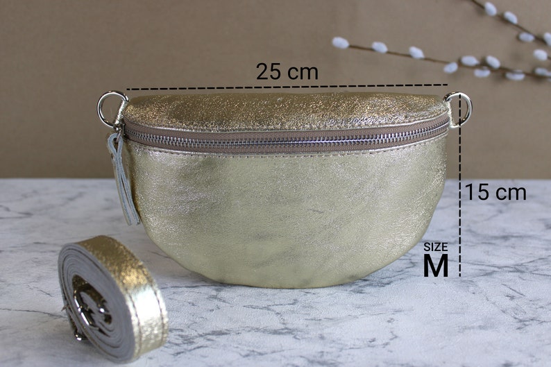 Sac banane en cuir doré pour femme avec sangle à motifs et ceinture en cuir, sac à bandoulière cadeau pour sa taille S, M, L fermeture éclair argentée image 4