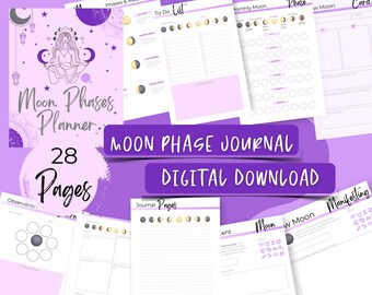 Pode incluir: Um diário de fases lunares imprimível com 28 páginas. O diário apresenta um esquema de cores roxo e branco com ilustrações das fases da lua e uma mulher meditando. O texto "Moon Phase Journal" e "Digital Download" está em letras brancas em negrito sobre um fundo roxo.