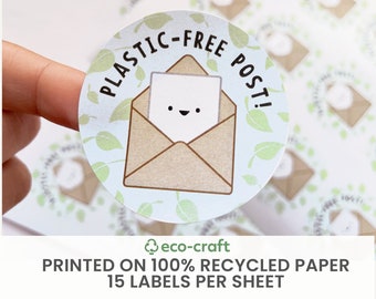 Plastic-Free Post - 100% RECYCLED PAPER Sticker Sheet (15 per A4 ) 51mm - Cute Printed Labels for Small Business, Envelopes, Mail, Packaging