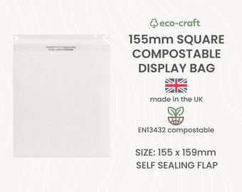 Compostable Square 155mm Display Bags for Cards, Prints - 155mm x 159mm + Self Seal Lip. Biodegradeable Eco-Friendly Clear Packaging