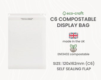 Compostable C6 Display Bags for Cards, Prints, Clothes - 120mm x 162mm + Self Seal Lip. Biodegradeable Eco-Friendly Clear Packaging