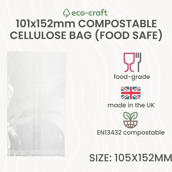 Compostable Cellulose Food Packaging - 101x152mm Bags for Coffee, Dog Treats, Sweets, Groceries, Deli, Bakery, Hamper, Heat Sealable Pouches