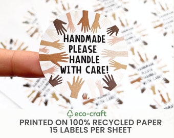 Handmade, Handle With Care - 100% RECYCLED PAPER Sticker Sheet (15 per A4 )Mailing, 51mm - Cute Printed Labels for Small Business, Packaging