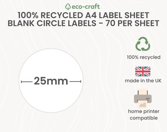 100% Recycled A4 Label Sheets- 25mm Diameter, 70 Circle Labels per sheet- Print Your Own Stickers, Blank Labels for Small Business Packaging
