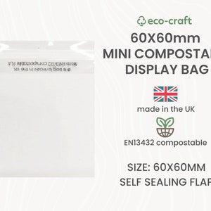 Compostable Mini Square Display Bags for Jewellery, Beads, Enamel Pins etc - 60x60mm + Self Seal Lip. Biodegradable Eco-Friendly Packaging