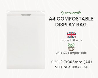 Compostable A4 Display Bags for Cards, Prints, Clothes - 217mm x 305mm + Self Seal Lip. Biodegradeable Eco-Friendly Clear Packaging