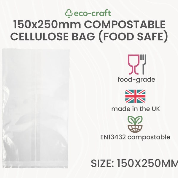 Compostable Cellulose Food Packaging - 150x250mm Bags for Deli, Bakery, Hamper, Sweets, Coffee, Dog Treats, Groceries, Heat Sealable Pouches