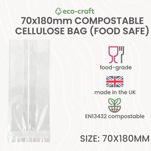 a clear bag made from compostable cellulose film. the appearance is similar to a clear plastic bag that food comes packaged in, and is full of coffee beans.