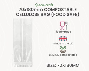 Compostable Cellulose Food Packaging - 70x180mm Bags for Sweets, Coffee, Dog Treats, Groceries, Deli, Bakery, Hamper, Heat Sealable Pouches