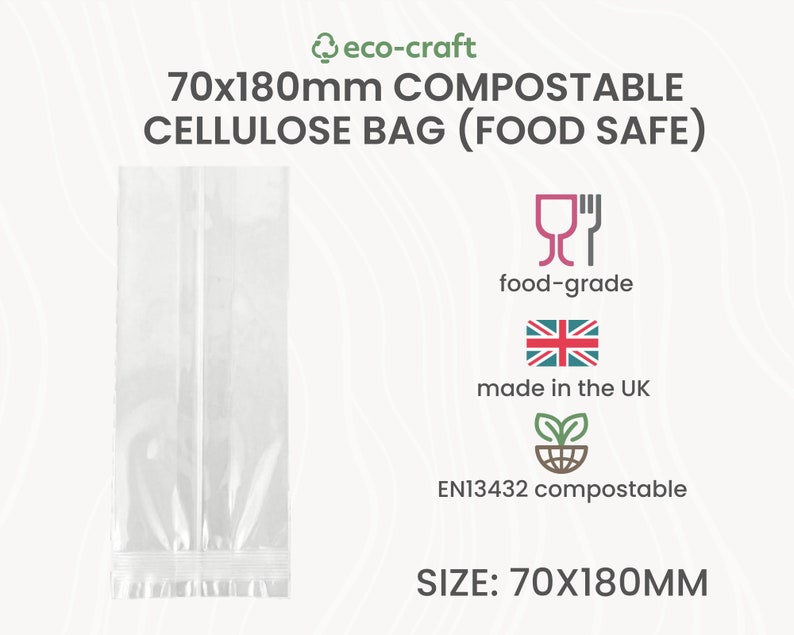 a clear bag made from compostable cellulose film. the appearance is similar to a clear plastic bag that food comes packaged in, and is full of coffee beans.