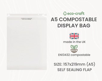 Compostable A5 Display Bags for Cards, Prints, Clothes - 157mm x 219mm + Self Seal Lip. Biodegradeable Eco-Friendly Clear Packaging
