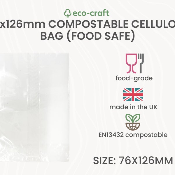 Compostable Cellulose Food Packaging - 76x127mm Bags for Sweets, Coffee, Dog Treats, Groceries, Deli, Bakery, Hamper, Heat Sealable Pouches