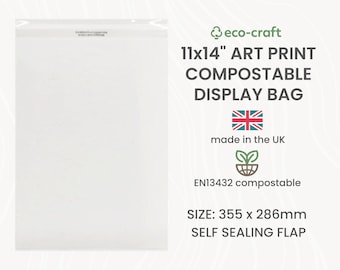 Compostable 11x14" Display Bags for Art Prints, Clothes, Fabric - 355mm x 286mm + Self Seal Lip. Biodegradeable Eco-Friendly Packaging