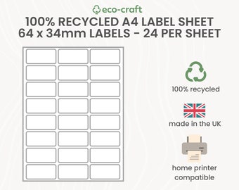 100% Recycled A4 Label Sheet- 64X34mm, 24 Labels per sheet - Rectangular Print Your Own Stickers, Blank Labels for Small Business Packaging