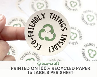 Eco Friendly Things Inside - 100% RECYCLED PAPER Sticker Sheet (15 per A4 ) 51mm - Printed Labels for Small Business, Mailing, Packaging