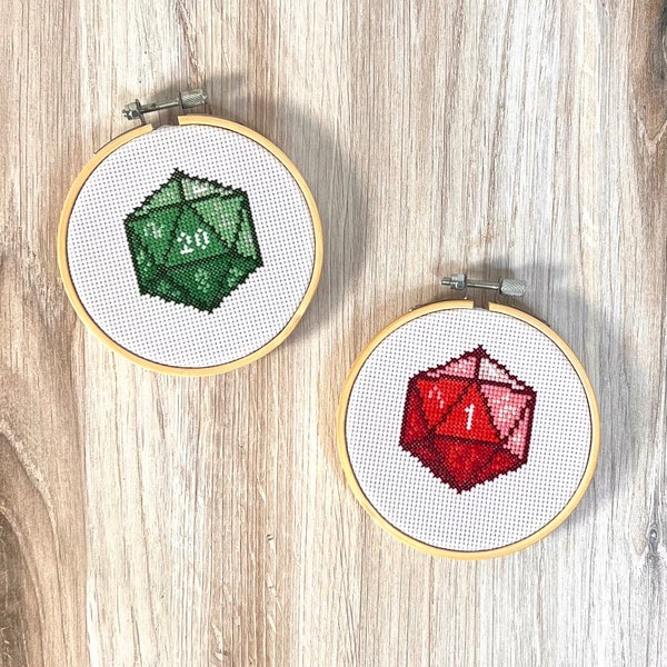 Tabletop Gaming Dice Christmas Ornaments - D&D Dice - Christmas Ornament Pair - Framed Cross Stitch - COMPLETED CROSS STITCH