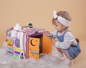 Montessori Busy Board Cube: Wooden Activity Toy, Personalized Toddler Gift