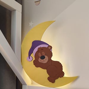 Night Light Lamp for Nursery, Handmade LED Nightlight Nursery Decor, Baby Room Moon & Bear Night Wooden Baby Gift, Toddler Bedroom Lighting
