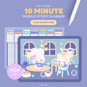 May include: A digital weekly study planner with a cute cartoon illustration. The planner features the text "10 MINUTE WEEKLY STUDY PLANNER" and "5 COLOR OPTIONS". The image includes a PDF and PNG file type.